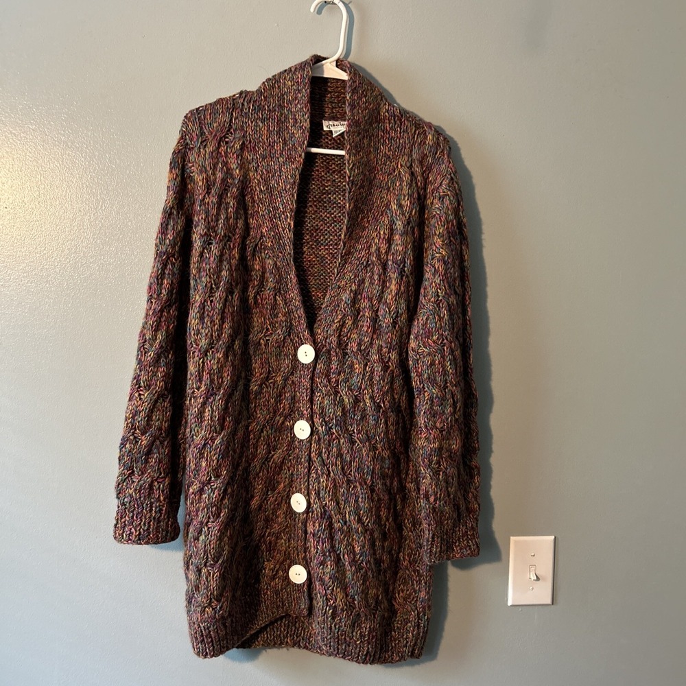 JOAN VASS Women's CABLE Knit Cardigan Size M Multi-Color Long Cozy Wool Blend